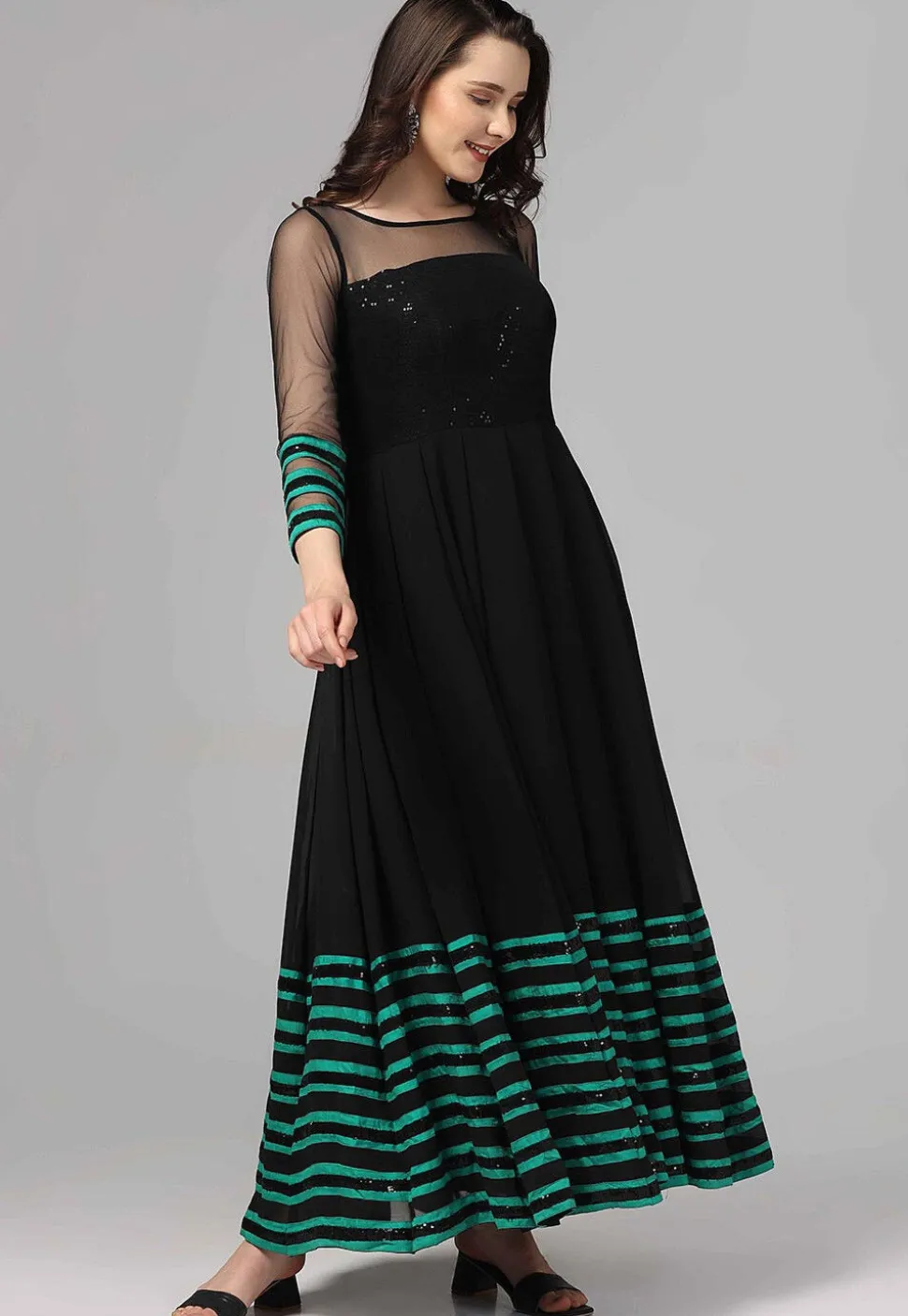 Embroidered Pure Georgette Gown in Black