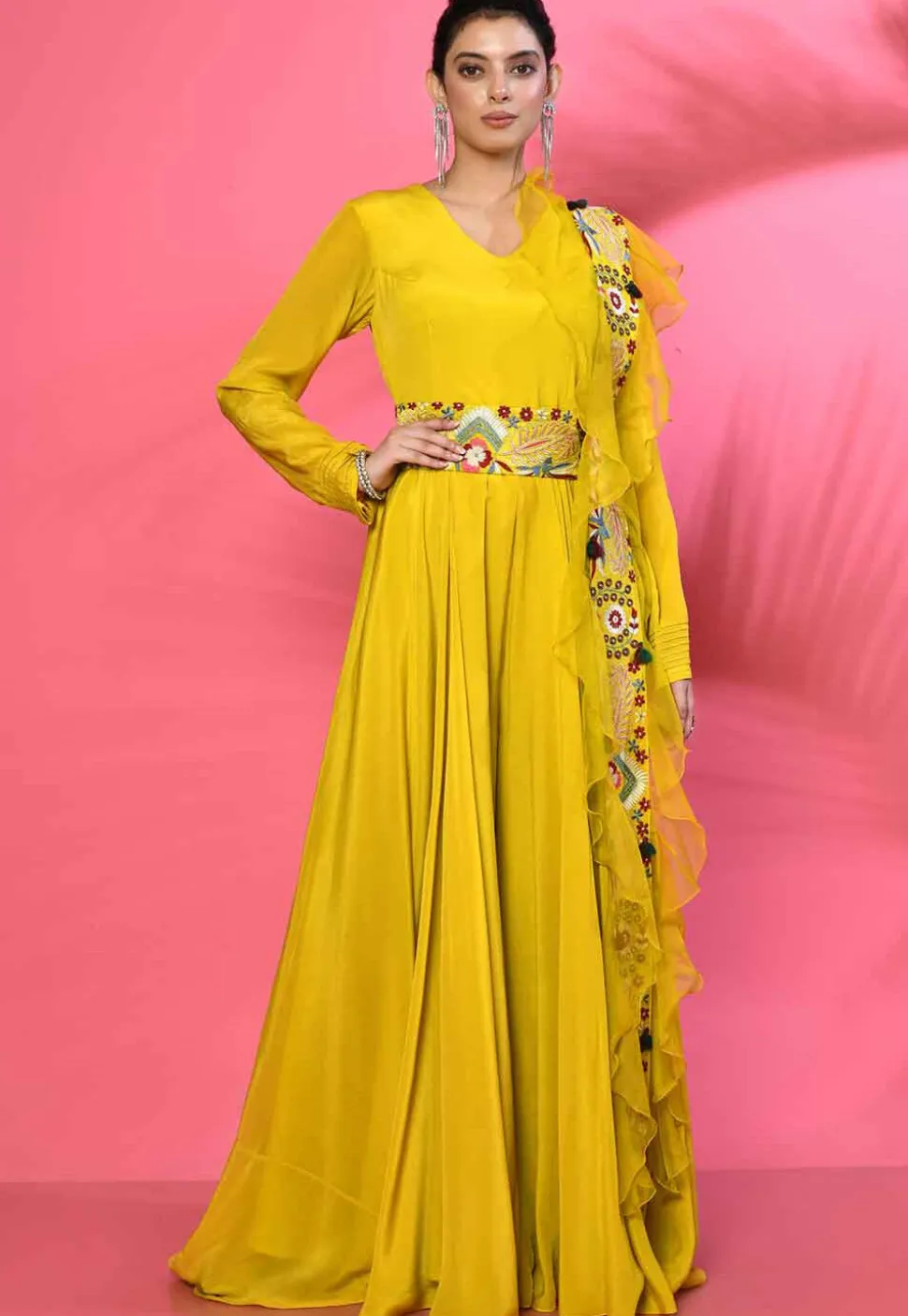 Embroidered Pure Georgette Jumpsuit in Yellow