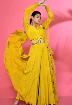 Embroidered Pure Georgette Jumpsuit in Yellow