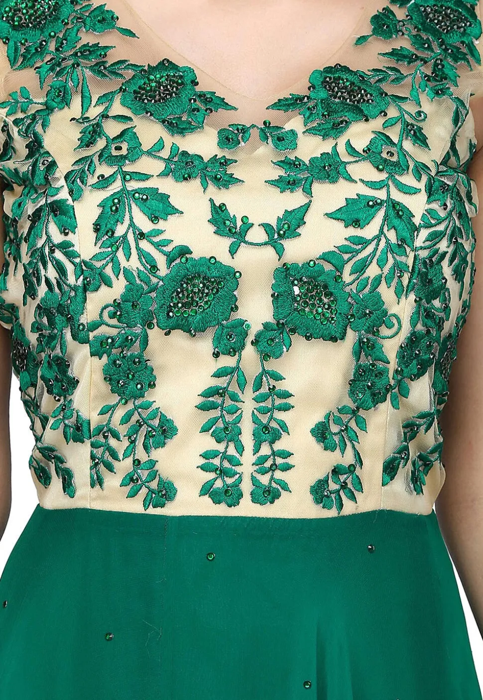 Embroidered Pure Georgette Gown in Beige and Green