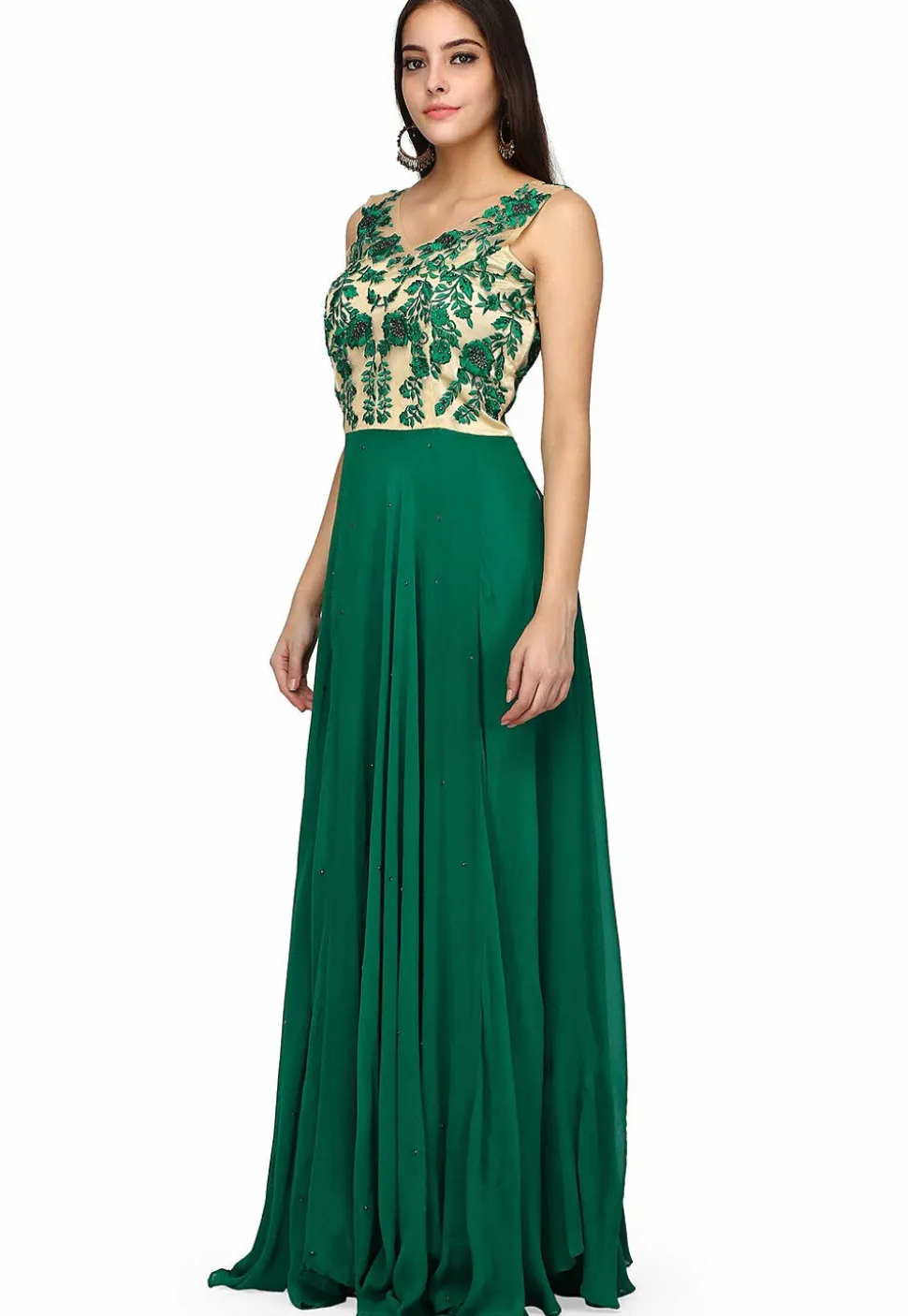 Embroidered Pure Georgette Gown in Beige and Green