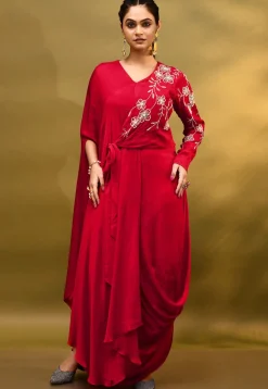 Embroidered Pure Georgette Drape Gown in Red