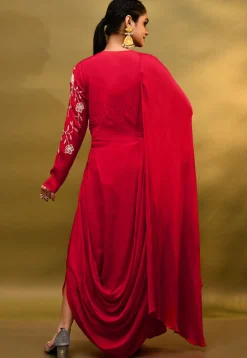 Embroidered Pure Georgette Drape Gown in Red