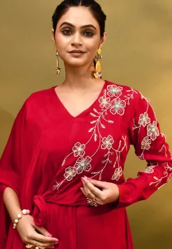 Embroidered Pure Georgette Drape Gown in Red