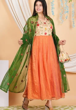 Embroidered Pure Kota Silk Anarkali Suit in Orange and Beige