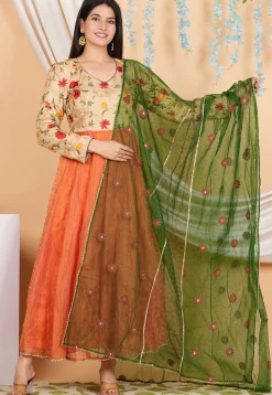 Embroidered Pure Kota Silk Anarkali Suit in Orange and Beige