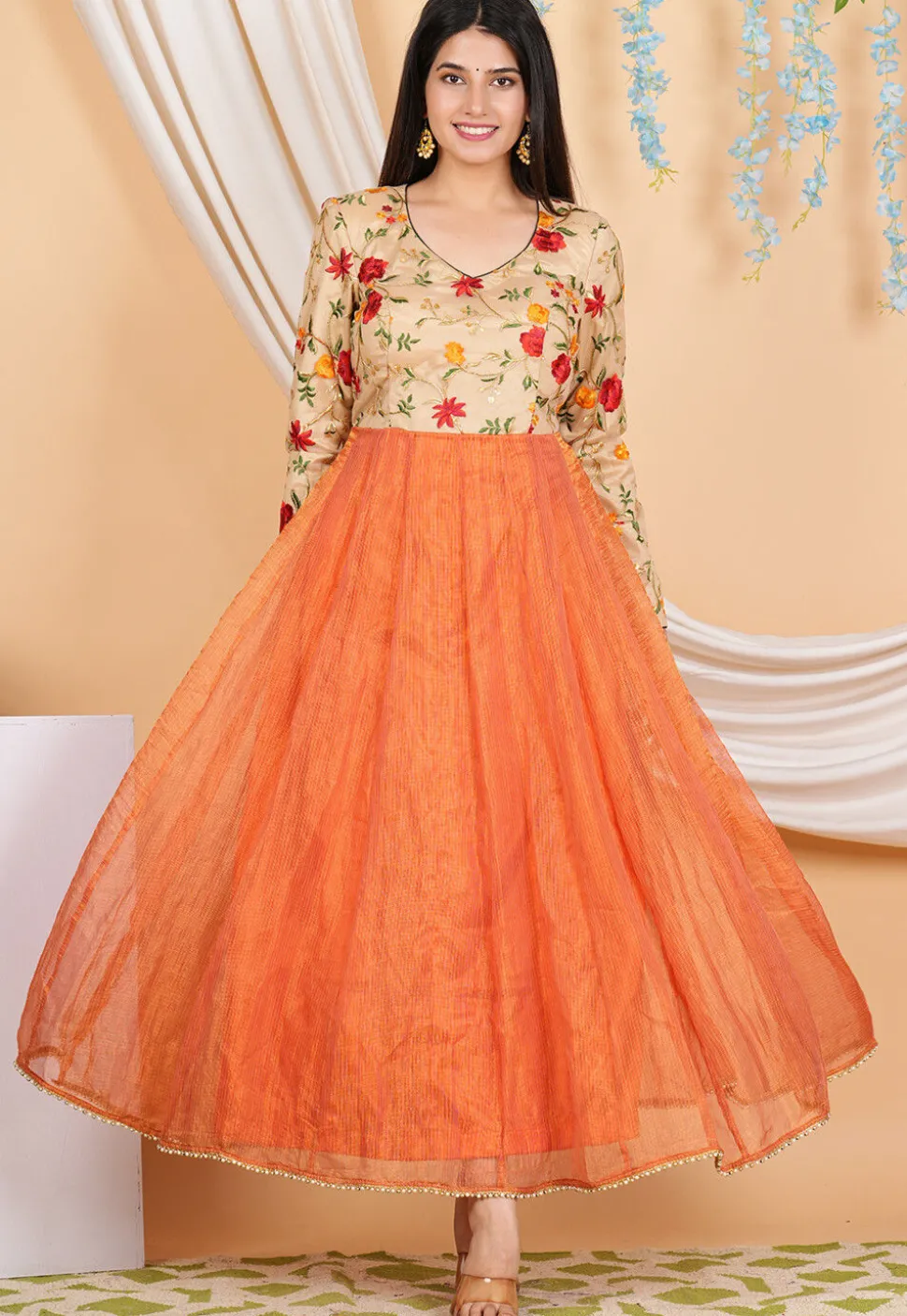 Embroidered Pure Kota Silk Anarkali Suit in Orange and Beige