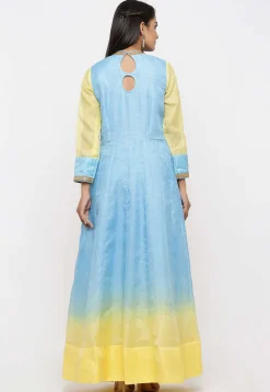 Embroidered Pure Kota Silk Abaya Style Suit in Ombre Blue