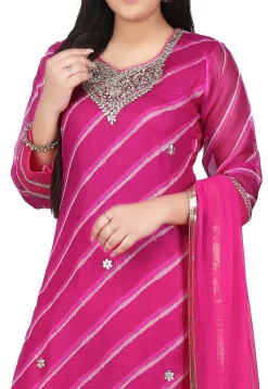 Embroidered Pure Kota Silk Straight Cut Suit in Fuchsia
