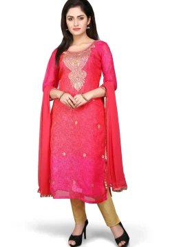 Embroidered Pure Kota Silk Straight  Suit in Fuchsia