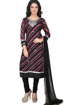 Embroidered Pure Kota Silk Straight Cut Suit in Black and Red