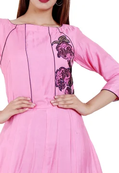 Embroidered Pure Matka Silk A Line Kurta in Pink