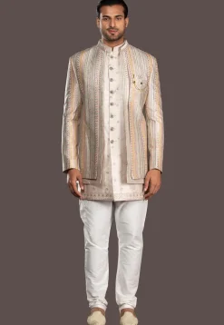 Embroidered Pure Silk Sherwani in Light Beige
