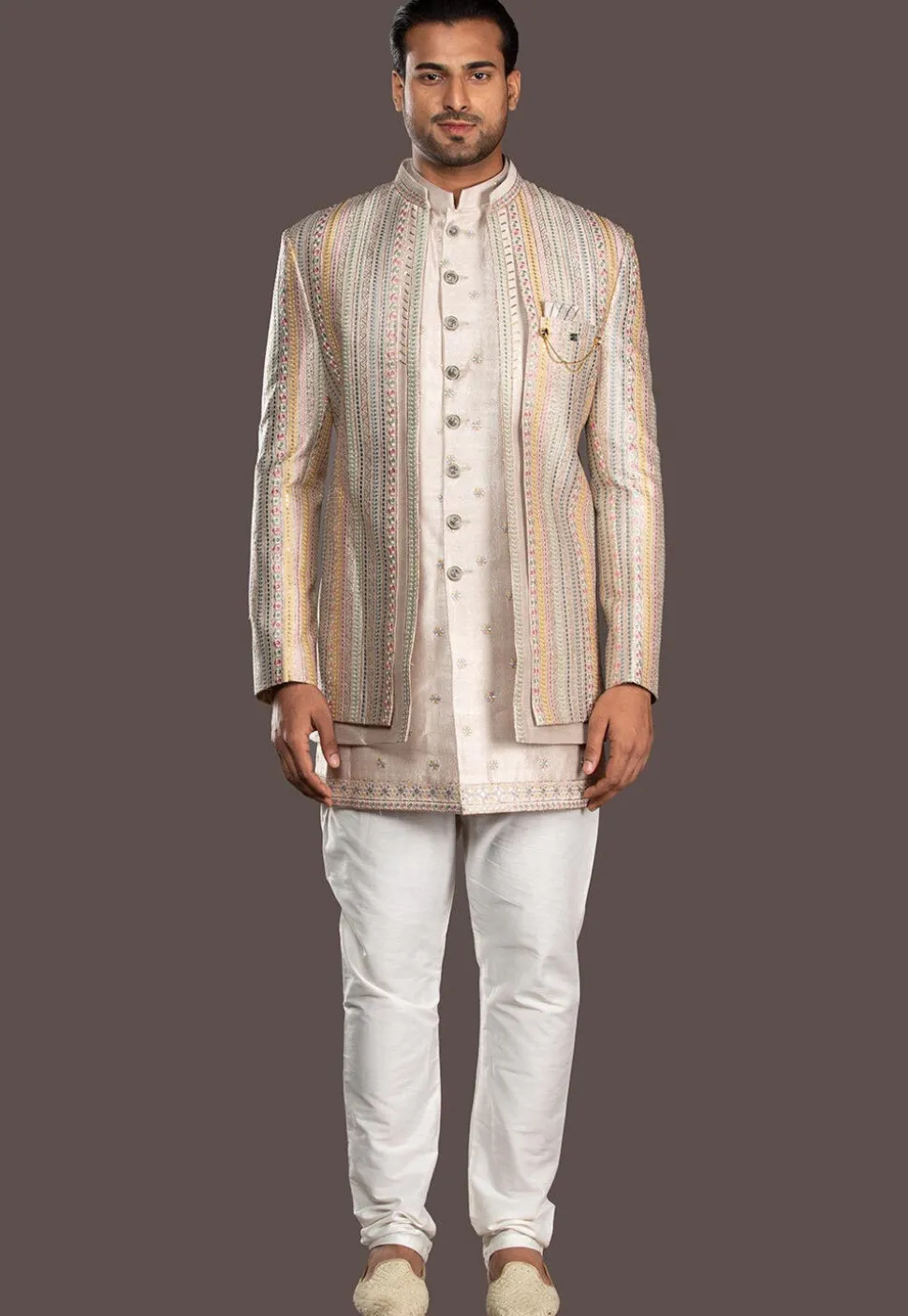 Embroidered Pure Silk Sherwani in Light Beige