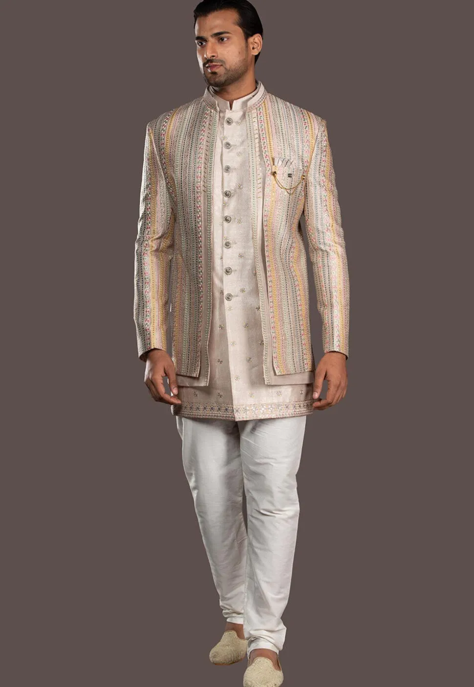 Embroidered Pure Silk Sherwani in Light Beige