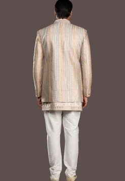 Embroidered Pure Silk Sherwani in Light Beige