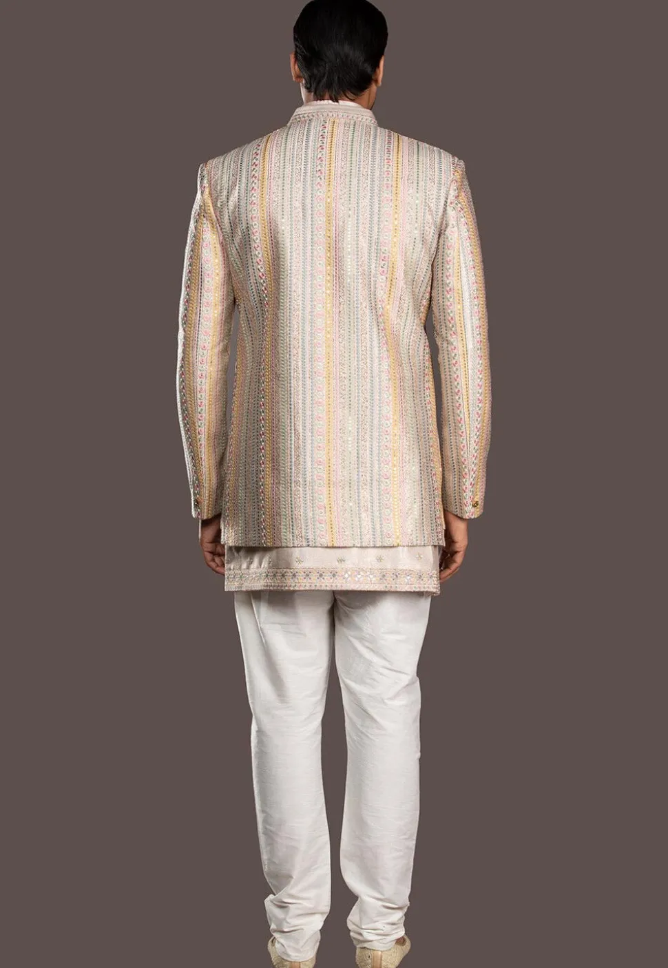 Embroidered Pure Silk Sherwani in Light Beige