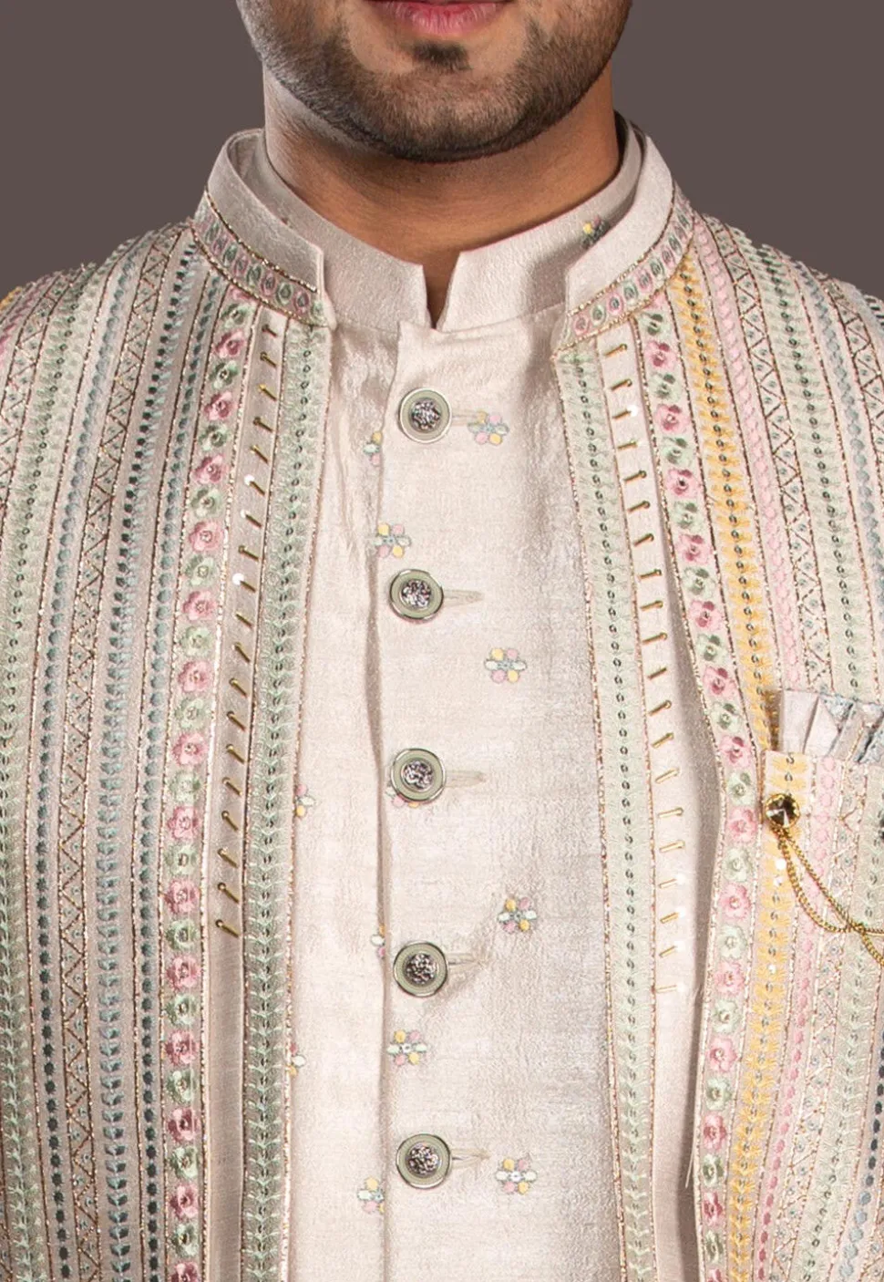 Embroidered Pure Silk Sherwani in Light Beige