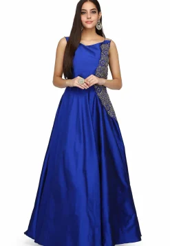 Embroidered Pure Taffeta Gown in Royal Blue