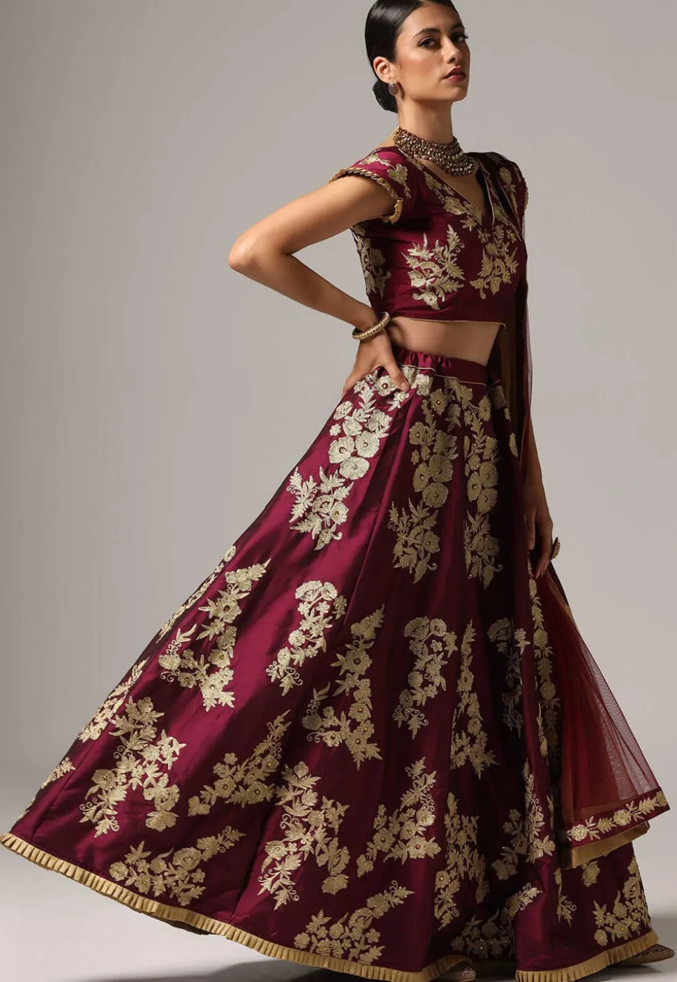 Embroidered Pure Taffeta Silk Lehenga in Magenta
