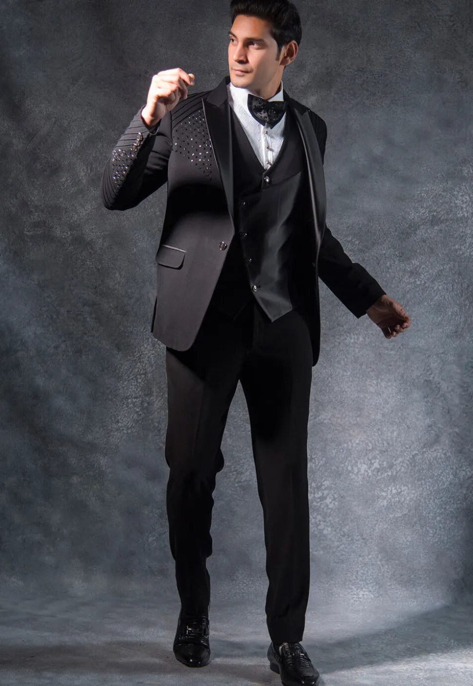 Embroidered Pure Terry Rayon Tuxedo Set in Black