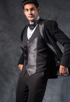 Embroidered Pure Terry Rayon Tuxedo Set in Black
