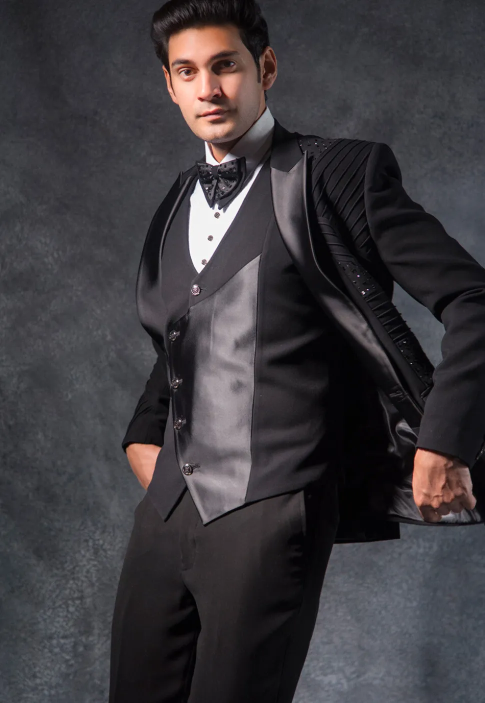 Embroidered Pure Terry Rayon Tuxedo Set in Black