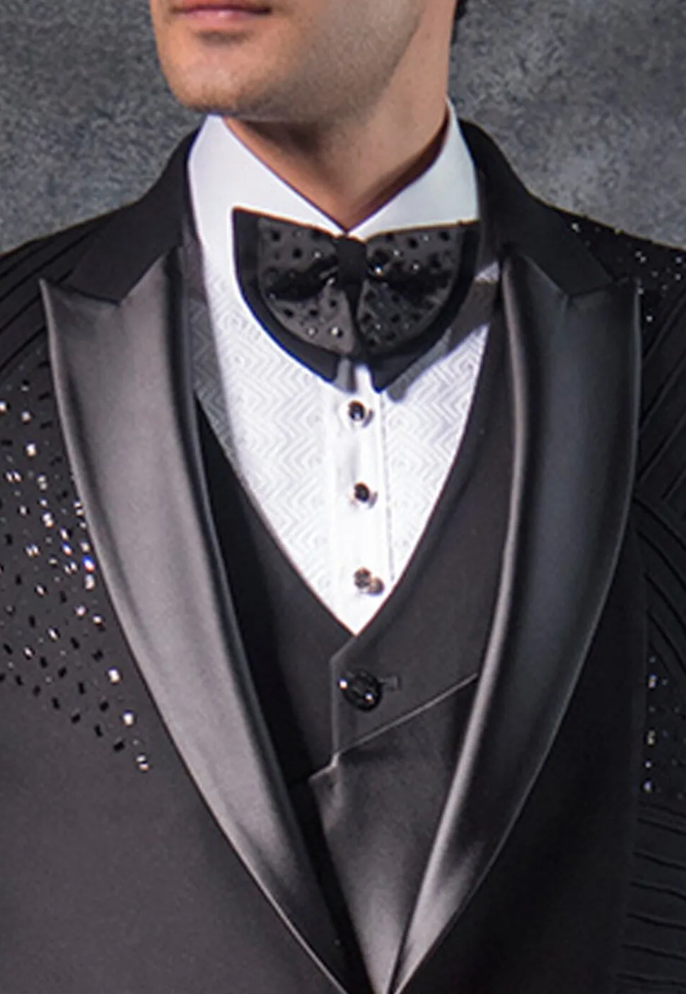 Embroidered Pure Terry Rayon Tuxedo Set in Black