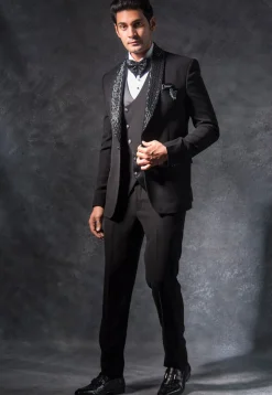 Embroidered Pure Terry Rayon Tuxedo Set in Black