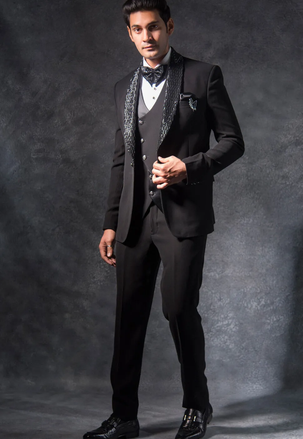 Embroidered Pure Terry Rayon Tuxedo Set in Black