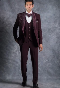 Embroidered Pure Terry Rayon Tuxedo Set in Wine