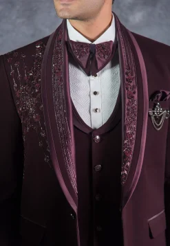Embroidered Pure Terry Rayon Tuxedo Set in Wine