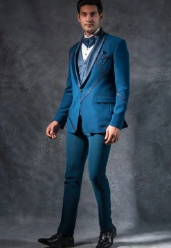 Embroidered Pure Terry Rayon Tuxedo Set in Teal Blue