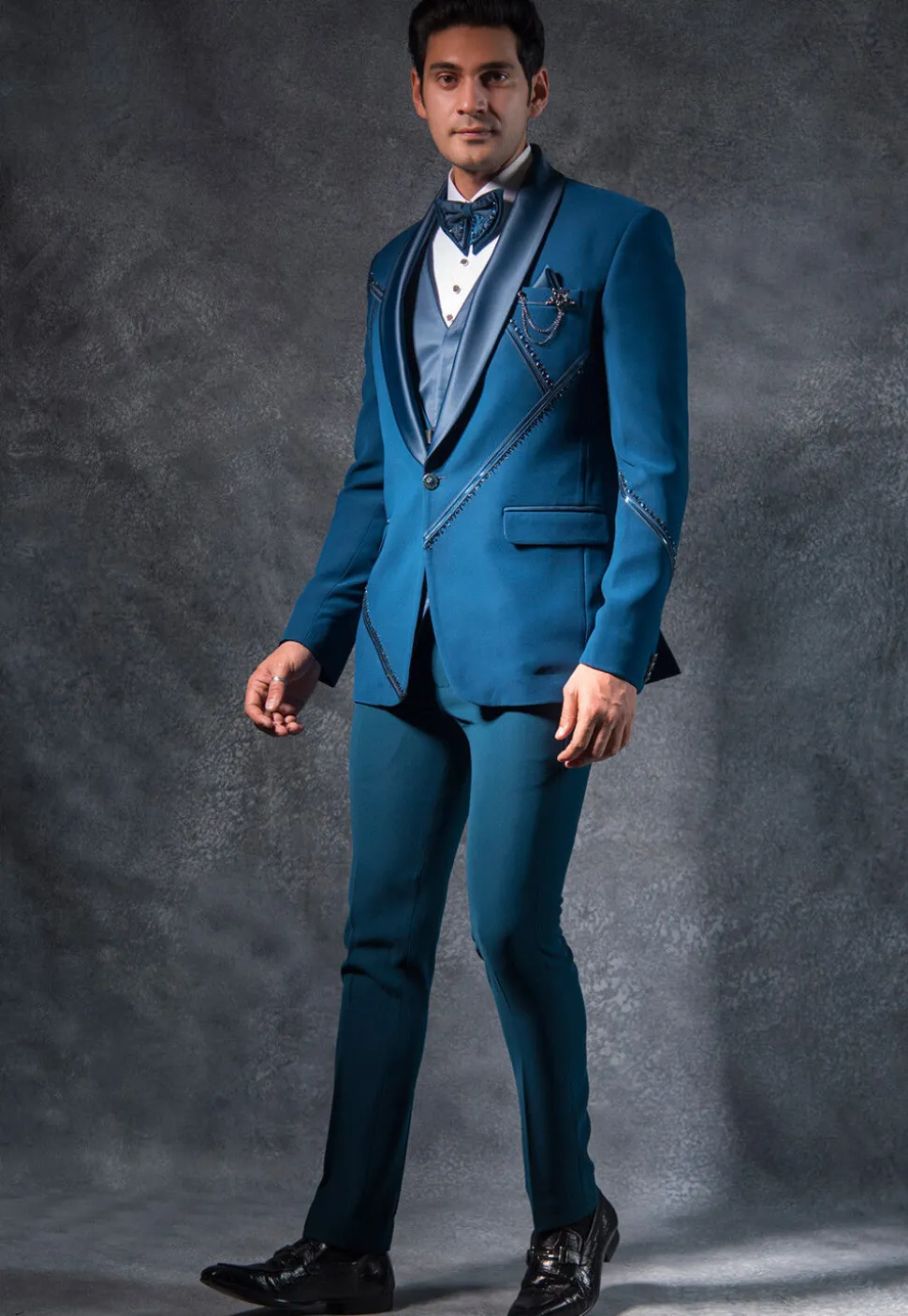 Embroidered Pure Terry Rayon Tuxedo Set in Teal Blue