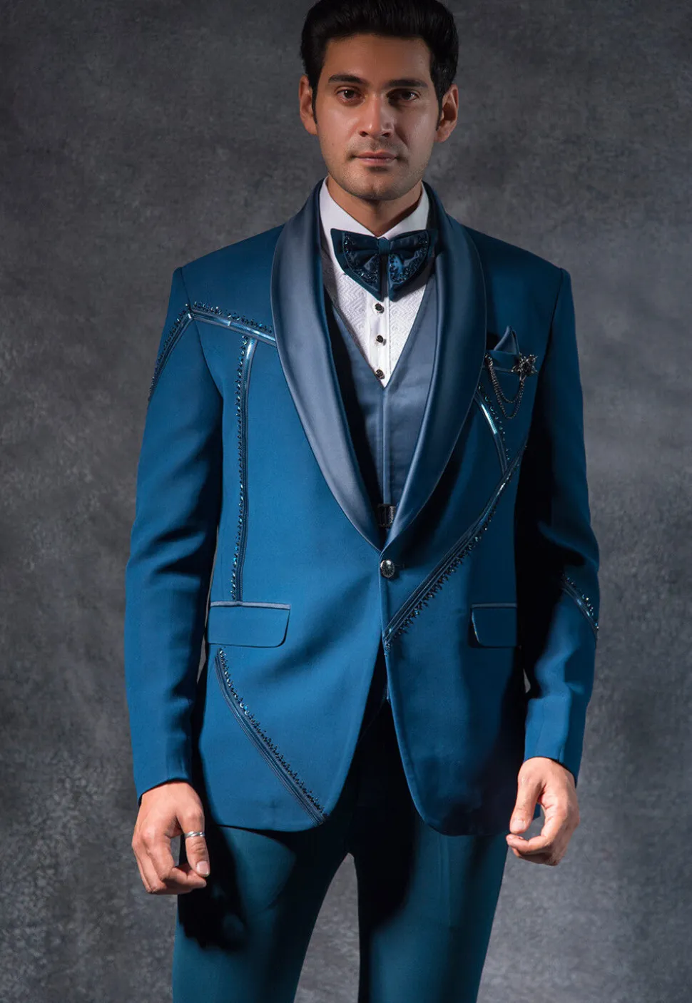 Embroidered Pure Terry Rayon Tuxedo Set in Teal Blue