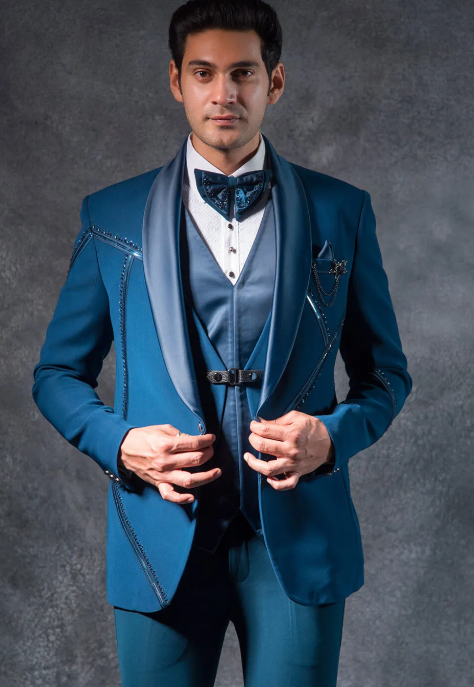 Embroidered Pure Terry Rayon Tuxedo Set in Teal Blue