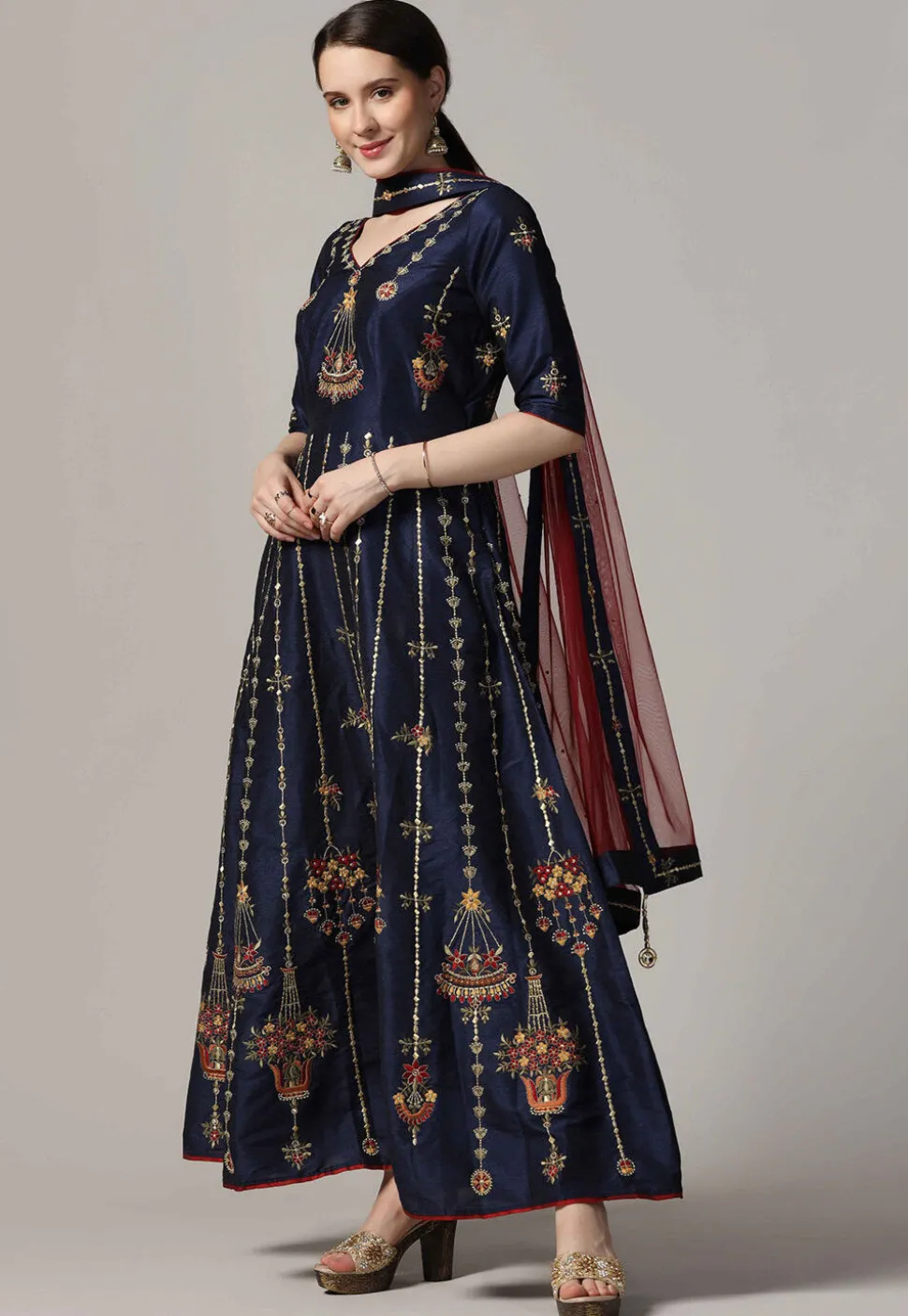 Embroidered Raw Silk Abaya Style Suit in Navy Blue