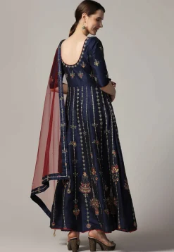 Embroidered Raw Silk Abaya Style Suit in Navy Blue