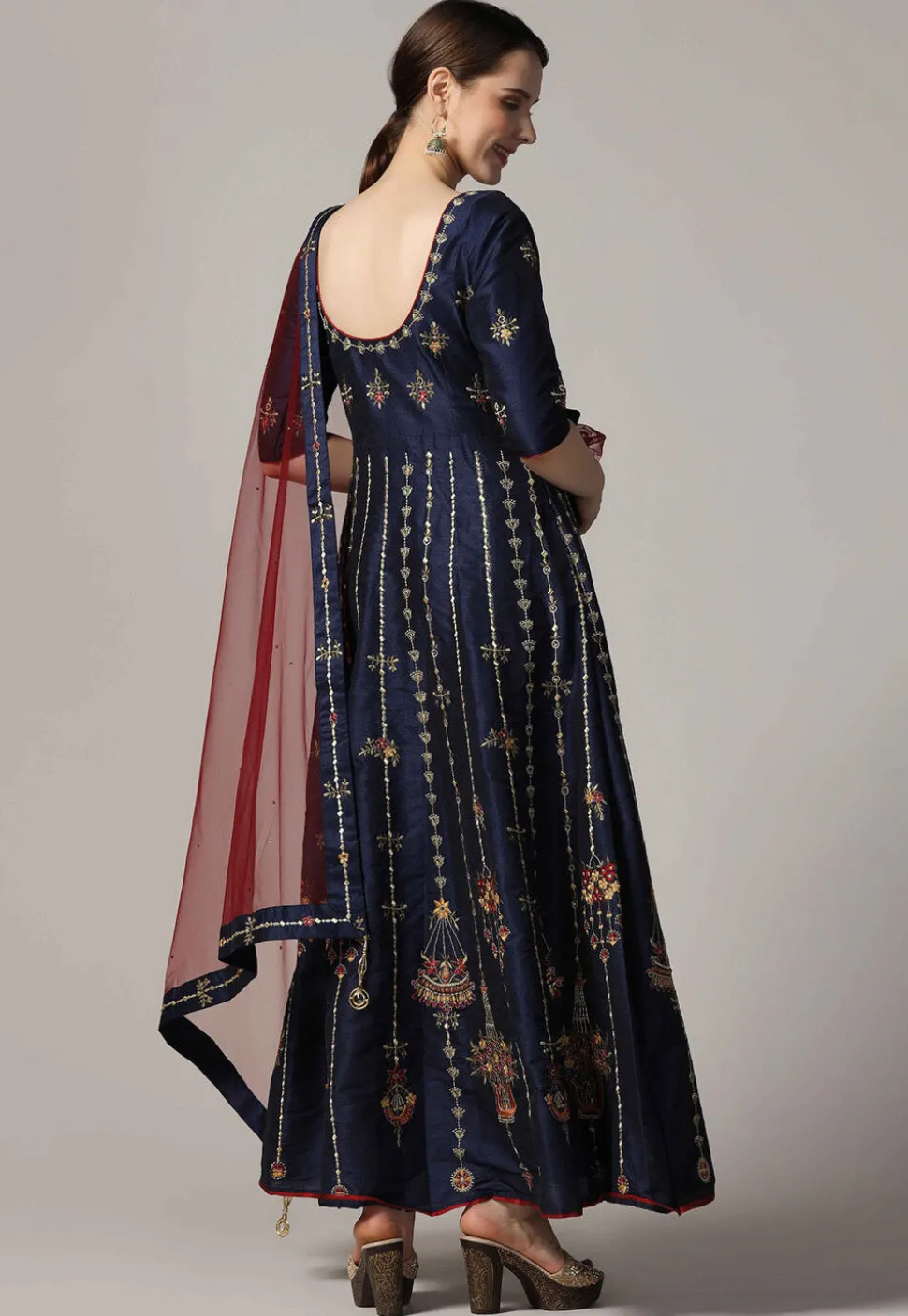 Embroidered Raw Silk Abaya Style Suit in Navy Blue