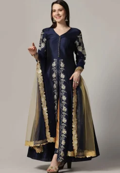 Embroidered Raw Silk Anarkali Suit in Navy Blue