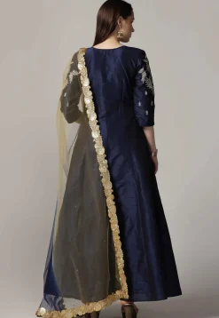 Embroidered Raw Silk Anarkali Suit in Navy Blue