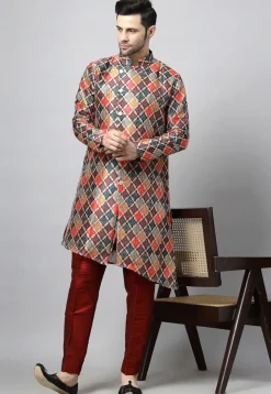Embroidered Raw Silk Asymmetric Kurta Set in Multicolor