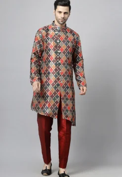 Embroidered Raw Silk Asymmetric Kurta Set in Multicolor