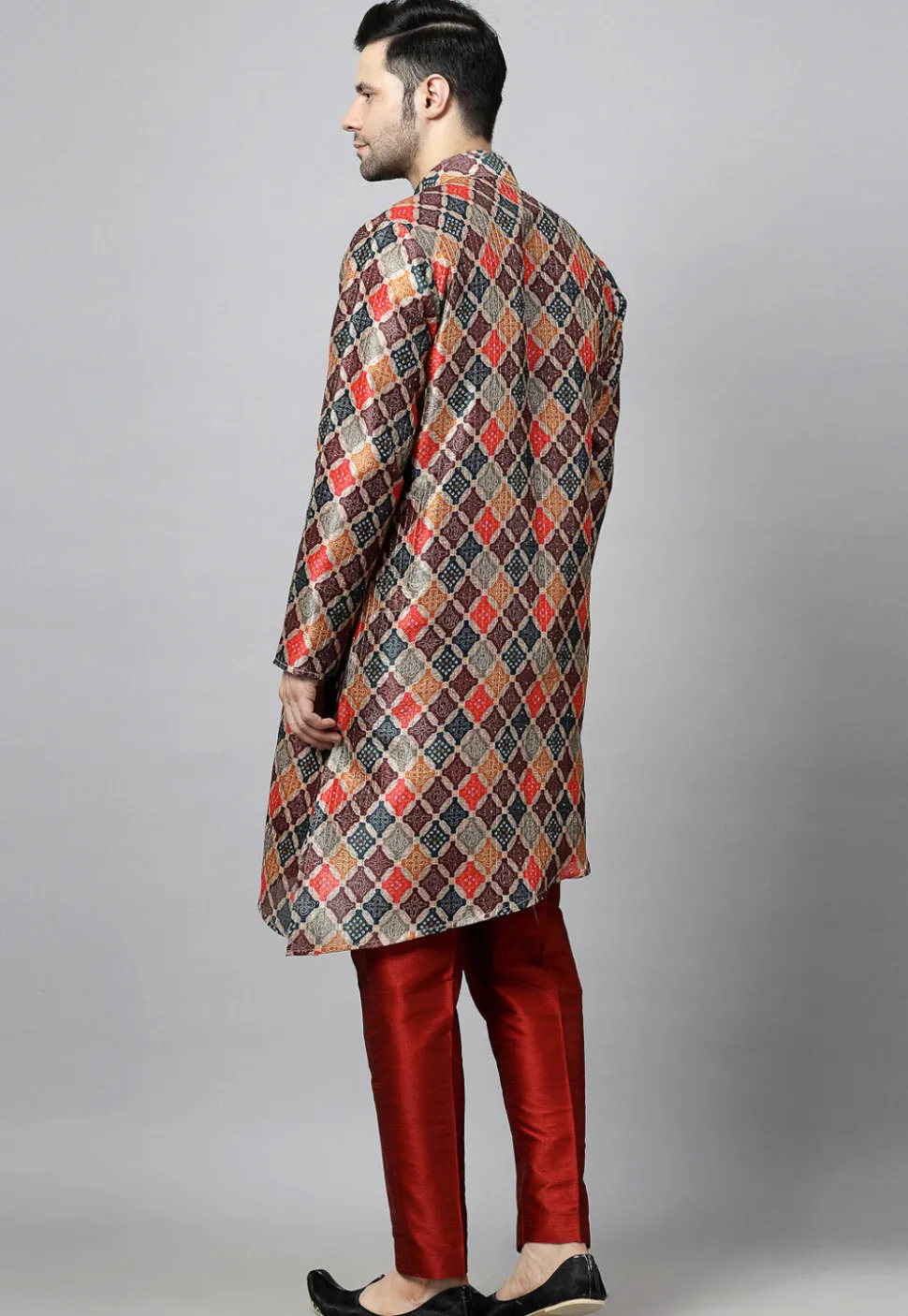 Embroidered Raw Silk Asymmetric Kurta Set in Multicolor