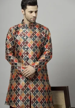Embroidered Raw Silk Asymmetric Kurta Set in Multicolor