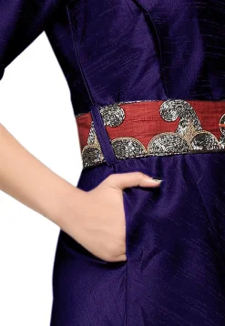 Embroidered Raw Silk Dress in Dark Blue