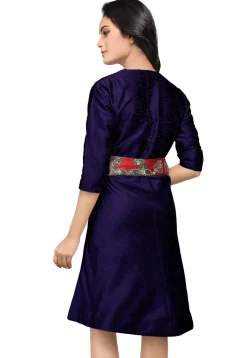 Embroidered Raw Silk Dress in Dark Blue