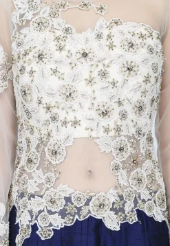 Embroidered Raw Silk Gown in Off White and Navy Blue