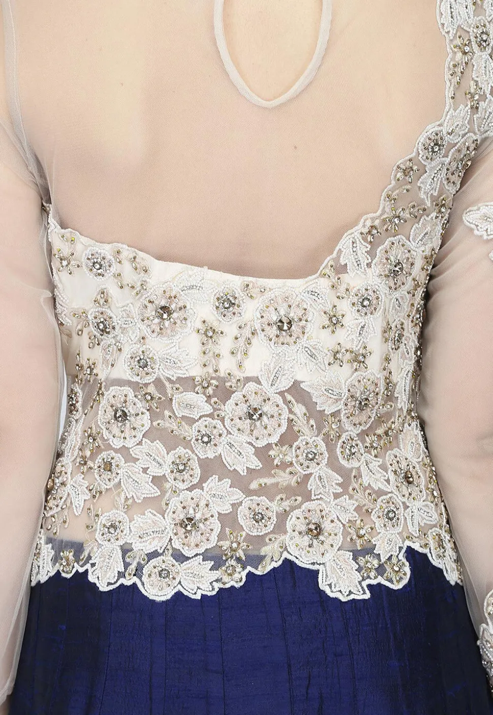 Embroidered Raw Silk Gown in Off White and Navy Blue