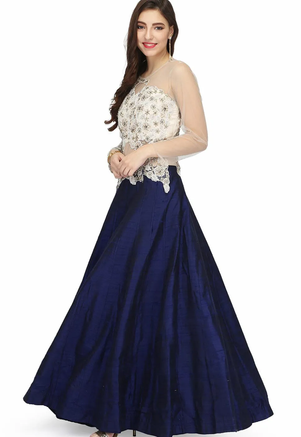 Embroidered Raw Silk Gown in Off White and Navy Blue